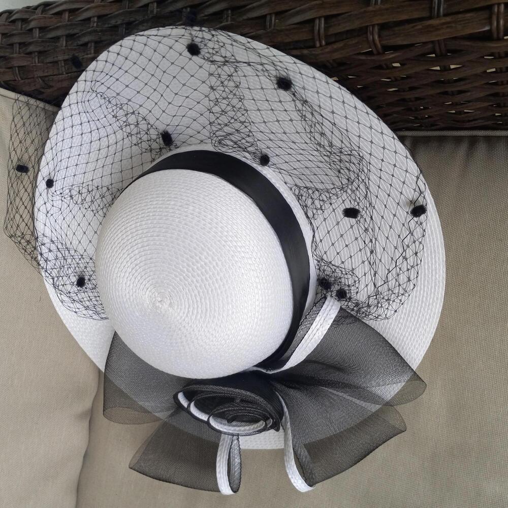 Elegant DEBORAH Black & White Wide Brim Straw Hat with Bow and Veil